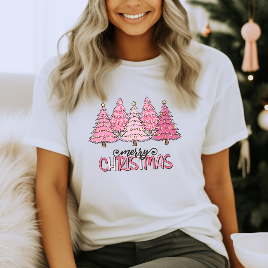 Pink Christmas Trees Short Sleeve Fitted Shirt