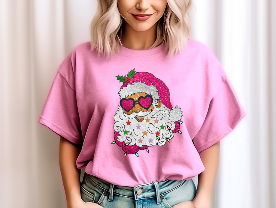 Santas Glitter Heart Glasses Short Sleeve Shirt